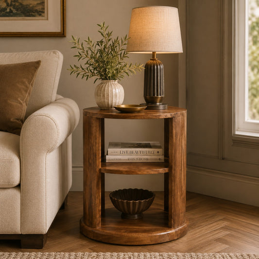Catalina Teak Round Wood 2 Shelf End Table