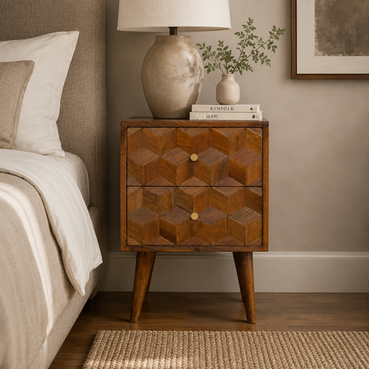Chestnut Ridge 2 Drawer Cube Carved Bedside
