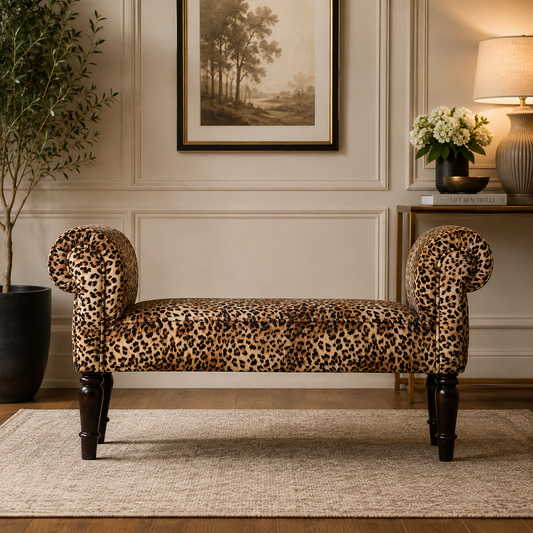 Leona Print Velvet Bench with Turned Legs