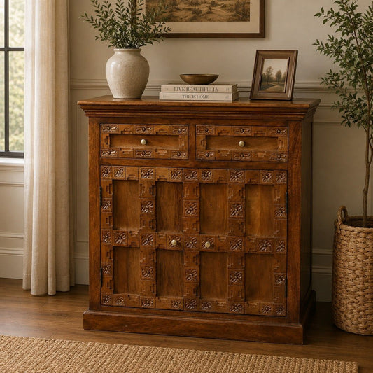 Windsor Carved Amber Oak 2 Drawer Cabinet