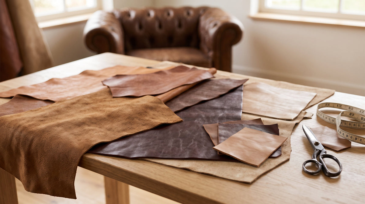 Various leather swatches, tailor's scissors, and a measuring tape arranged on a wooden worktable, with a leather Chesterfield armchair softly blurred in the background.