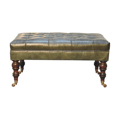 Sutton Buffalo Leather Green Tufted Ottoman with Castor Legs