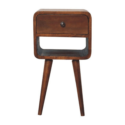 Small Chestnut Curved Nightstand with Low Shelf