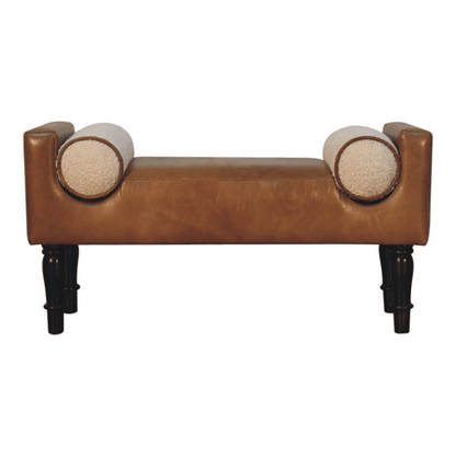 Sutton Buffalo Leather Bench with Round Bouclé Cushions