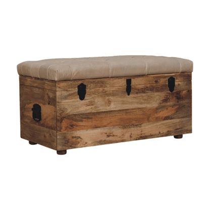 Sutton Buffalo Leather Beige Tufted Storage Trunk Bench