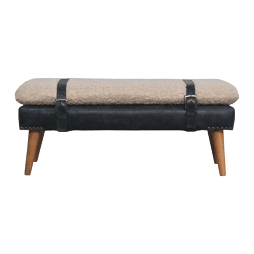 Bouclé Montauk Olive Leather Belted Solid Wood Bench