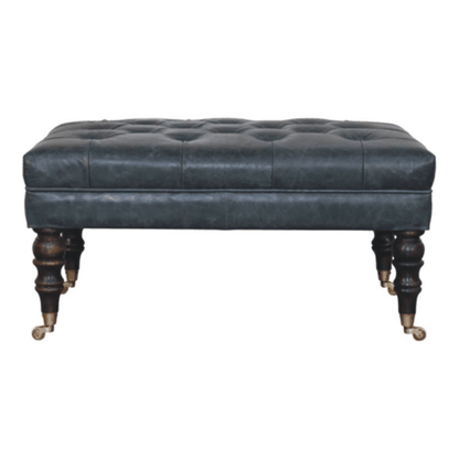 Sutton Buffalo Leather Teal Tufted Ottoman with Castor Legs