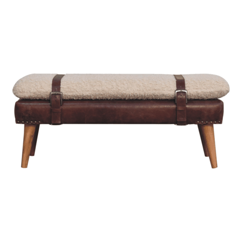Bouclé Montauk Mahogany Leather Belted Solid Wood Bench