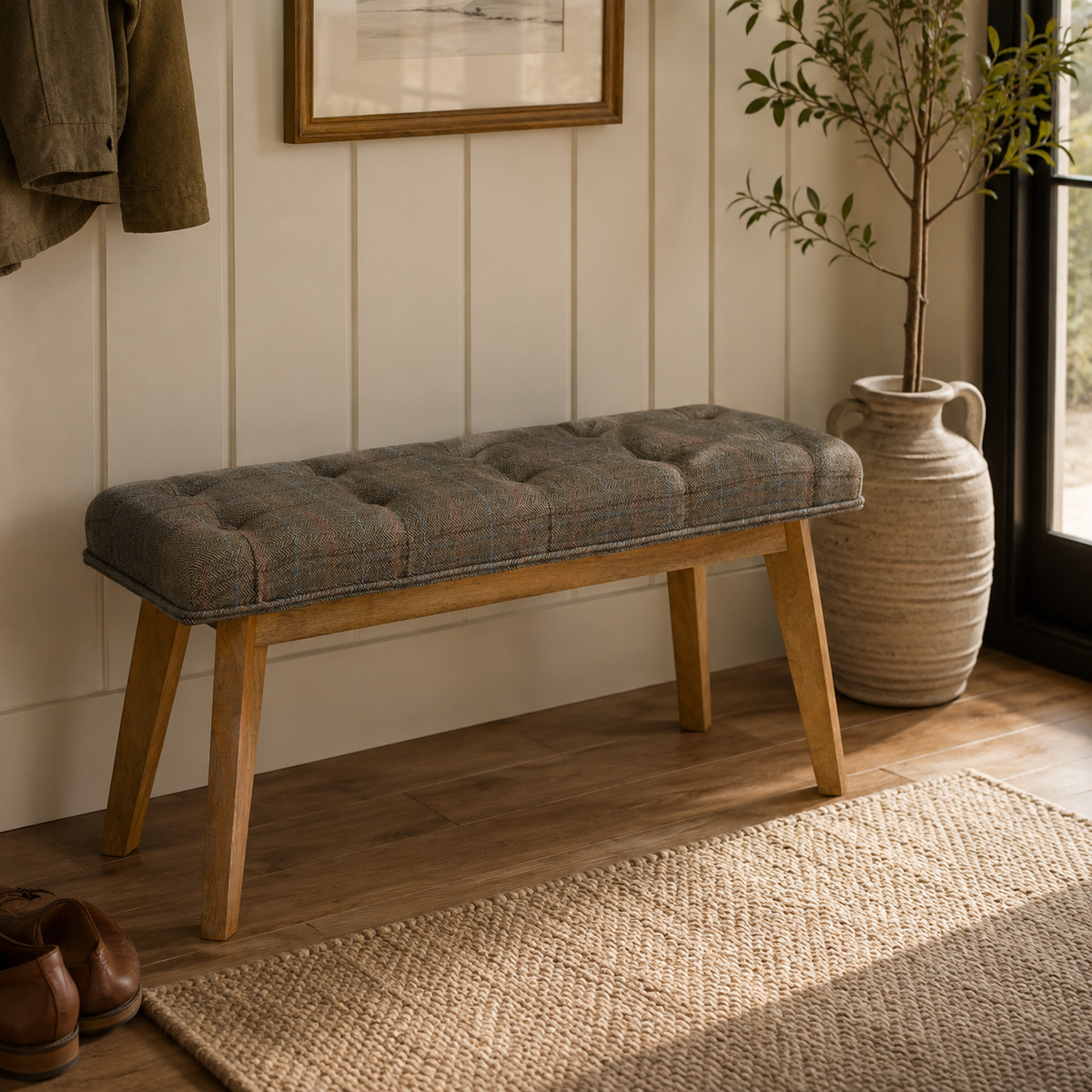 Multi Tweed Tufted Entryway Timber Bench