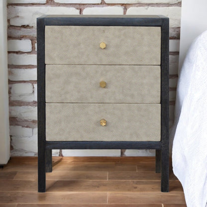 Black Ash Faux Leather 3 Drawer Nightstand