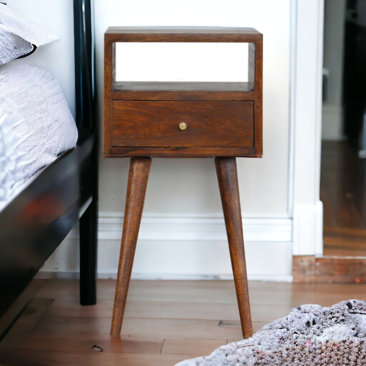 Small Chestnut 1 Drawer Open Shelf Nightstand