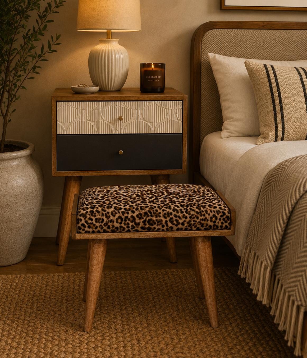 Leona Print Velvet Nordic Tray Footstool