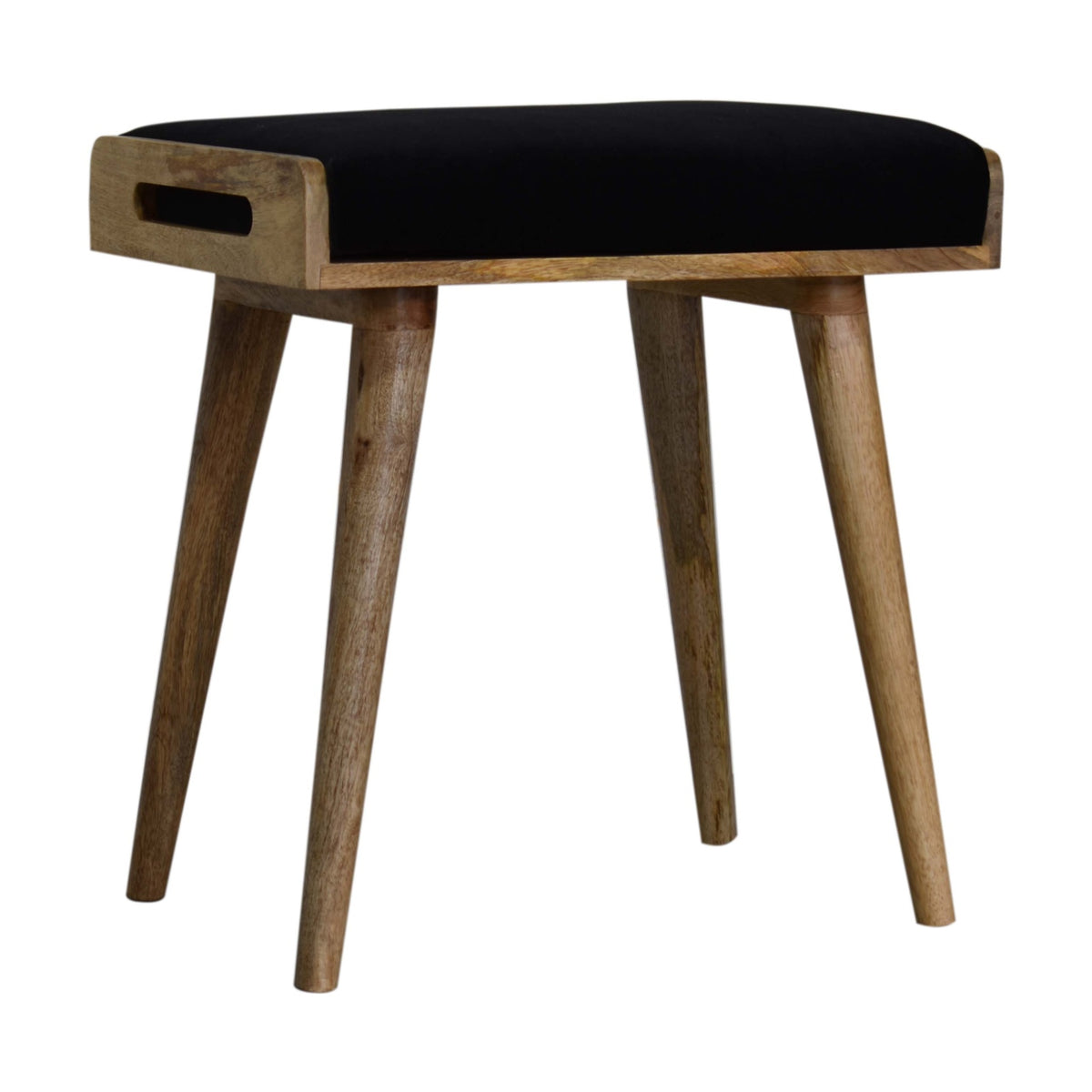 Black Velvet Tray Footstool with Oak Toned Legs