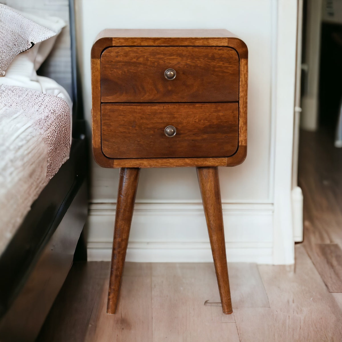Small Chestnut Curved Double Drawer Nightstand