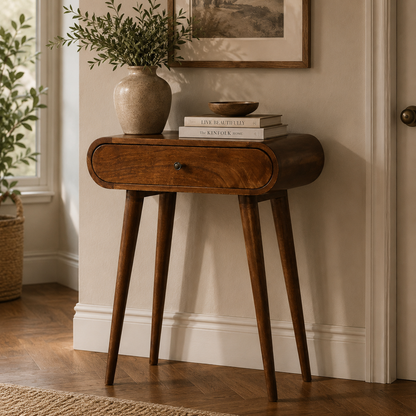 Small Chestnut Wood Rounded 1 Drawer Console