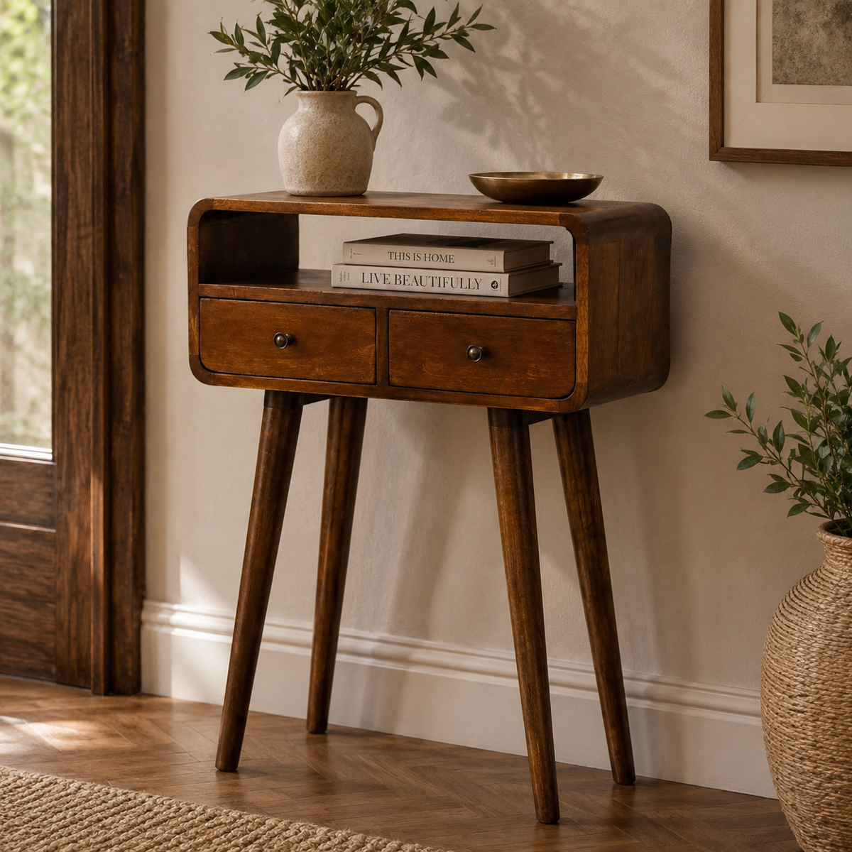 Small Chestnut Curved 2 Drawer Console Table