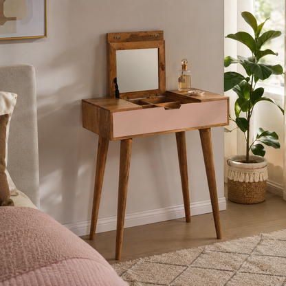 Small Oak Wood Blush Pink Fold Top Vanity