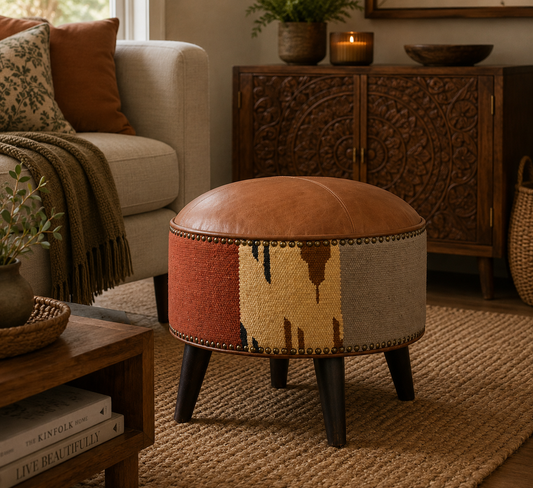Sutton Buffalo Leather Patterned Fabric Mixed Footstool
