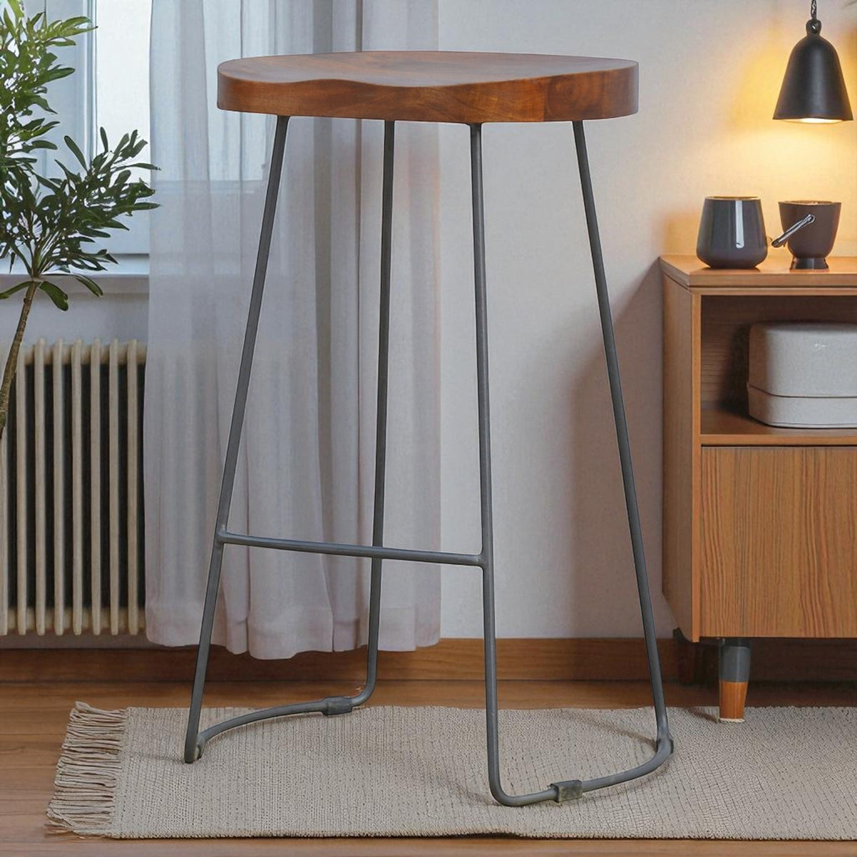 Industrial Chunky Oak Toned Solid Bar Stool