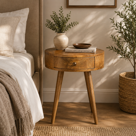 Nordic Oak-Toned Circular 1 Drawer Nightstand