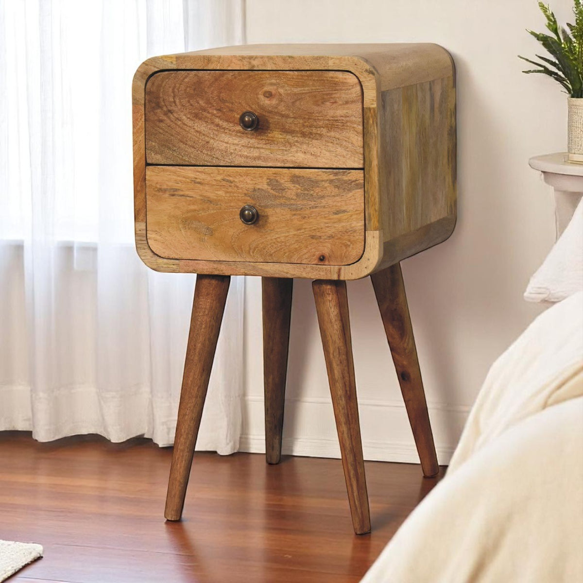Small Oak Wood Curved 2 Drawer Nightstand