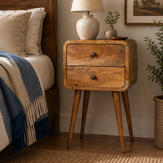 Small Oak Wood Curved 2 Drawer Nightstand
