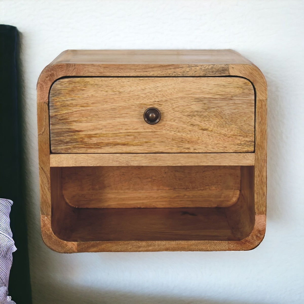 Small Oak Wood Floating Open Wall Nightstand