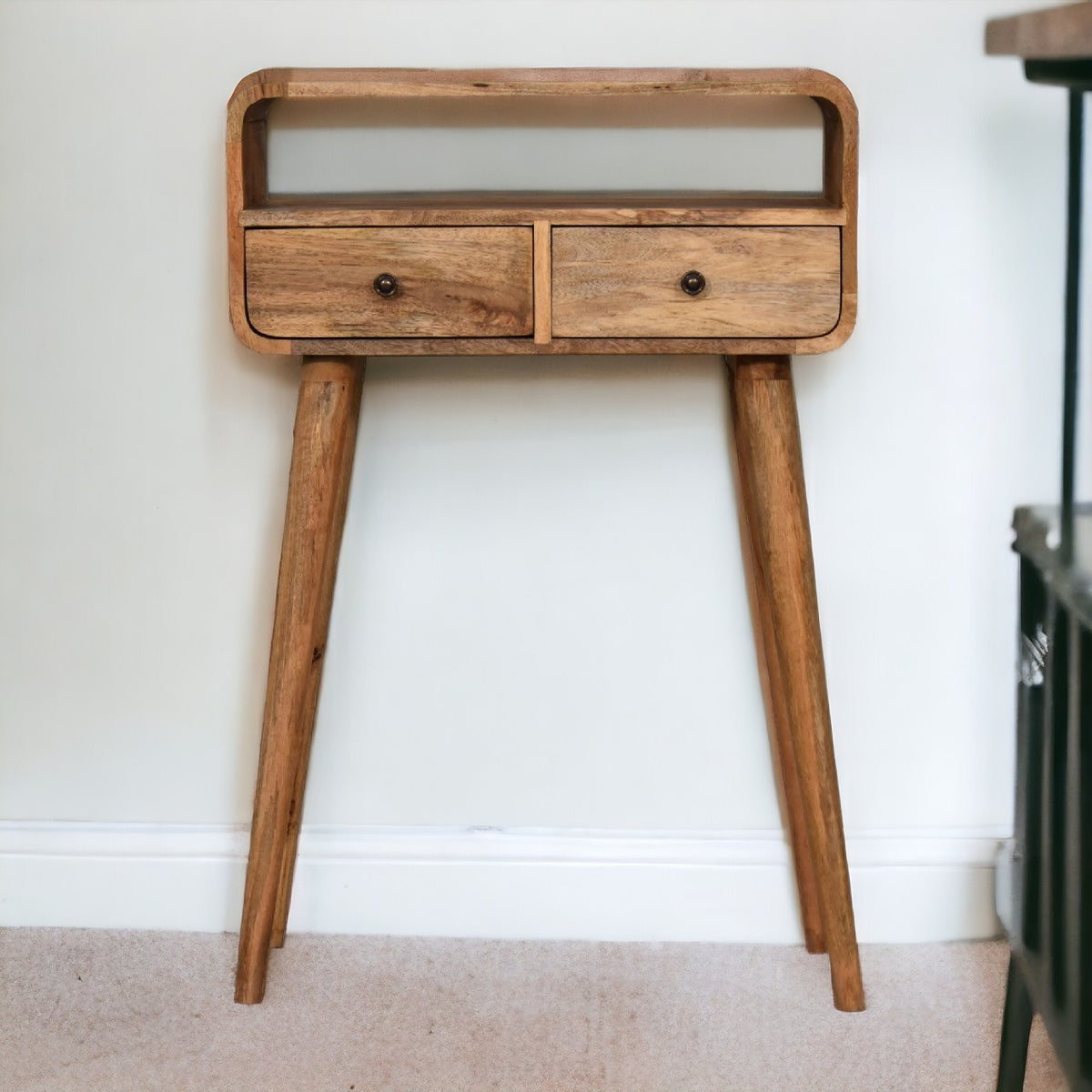 Small Oak Wood Curved 2 Drawer Console Table
