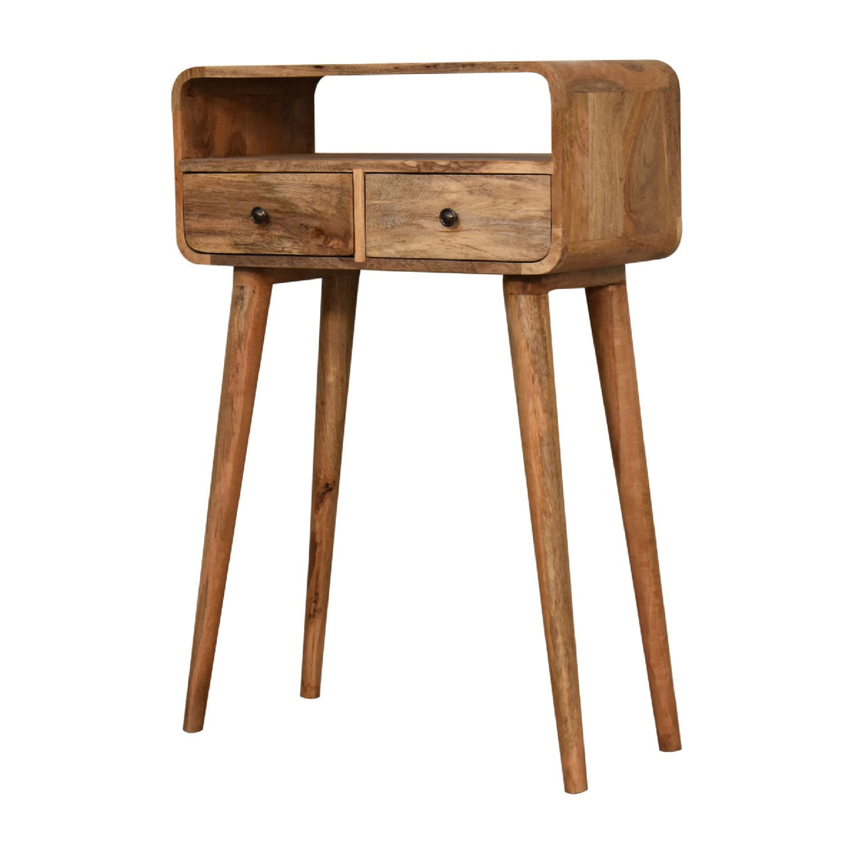 Small Oak Wood Curved 2 Drawer Console Table
