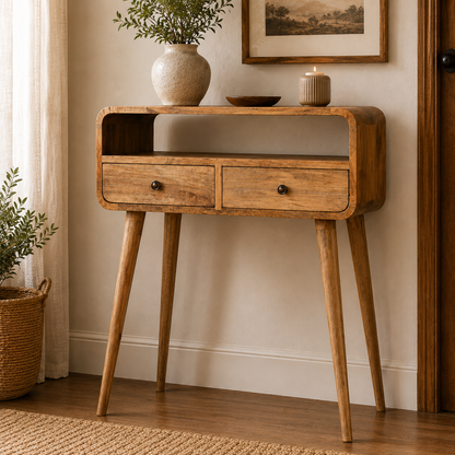Small Oak Wood Curved 2 Drawer Console Table