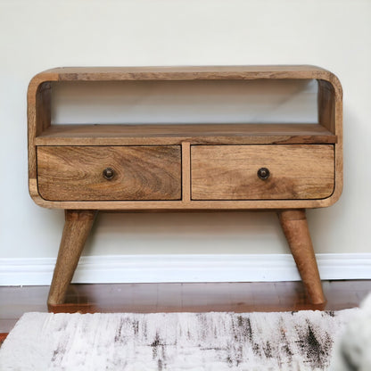 Small Oak Wood Curved 2 Drawer TV Console
