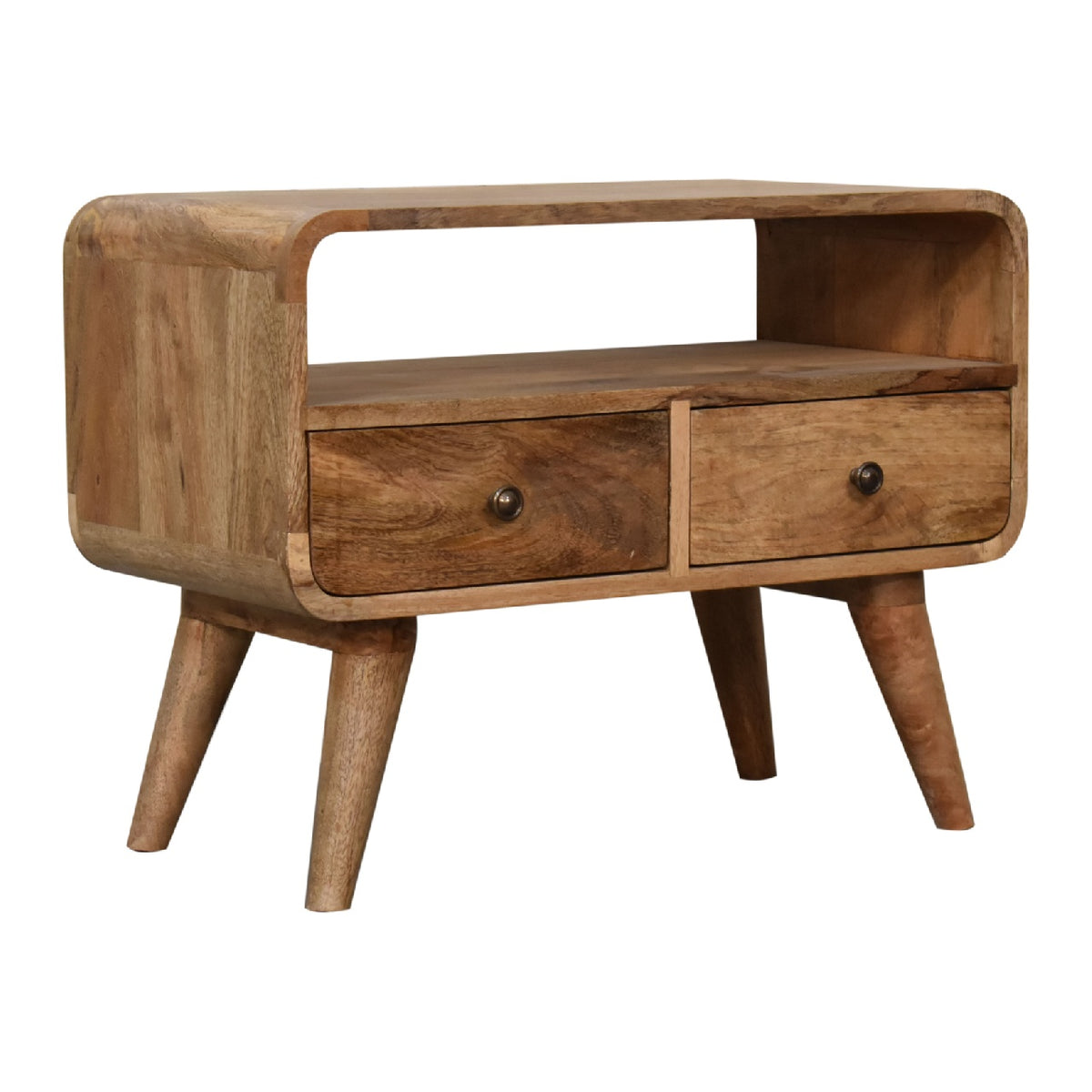 Small Oak Wood Curved 2 Drawer TV Console