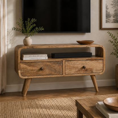 Small Oak Wood Curved 2 Drawer TV Console
