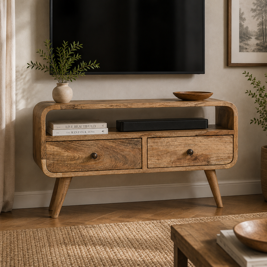 Small Oak Wood Curved 2 Drawer TV Console
