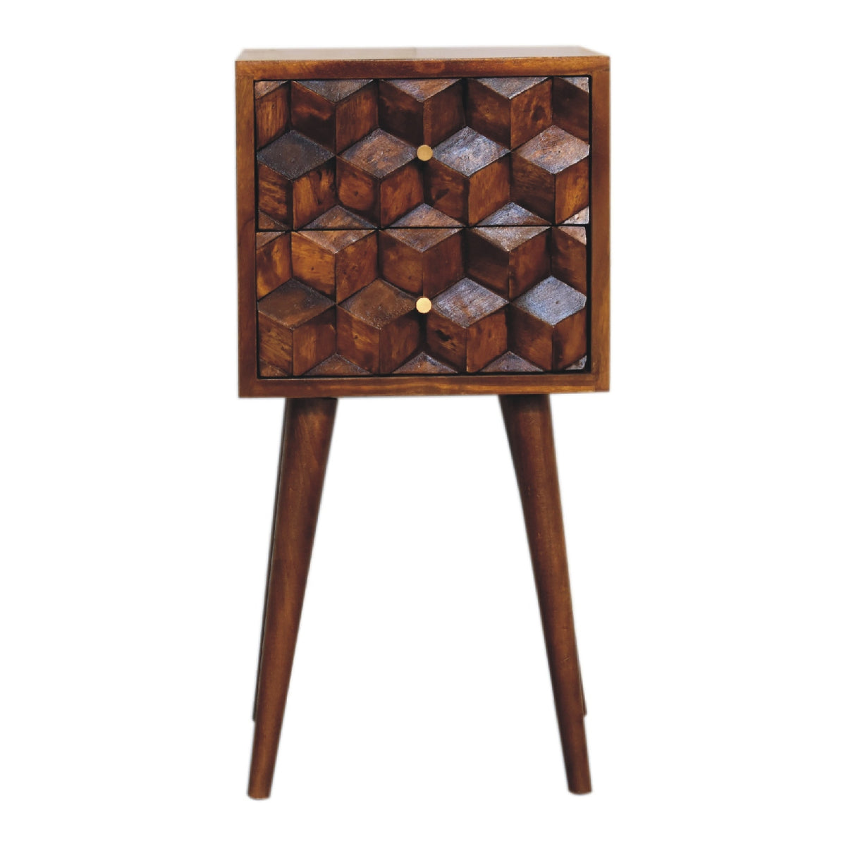 Small Chestnut Cube Carved 2 Drawer Nightstand