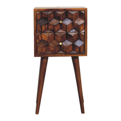 Small Chestnut Cube Carved 2 Drawer Nightstand