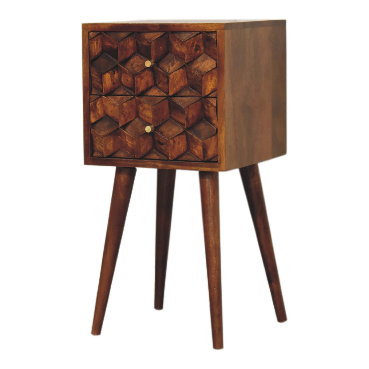 Small Chestnut Cube Carved 2 Drawer Nightstand