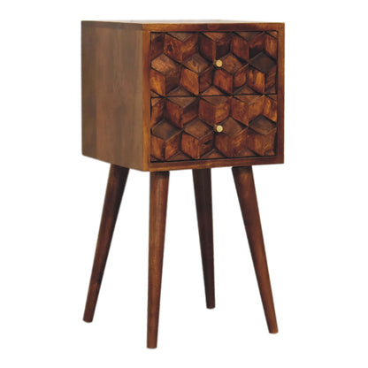 Small Chestnut Cube Carved 2 Drawer Nightstand