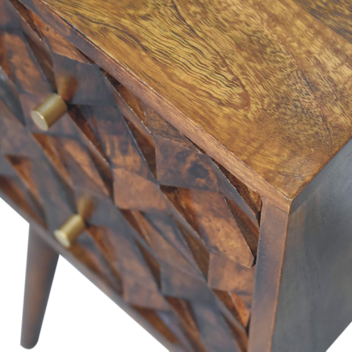Small Chestnut Cube Carved 2 Drawer Nightstand