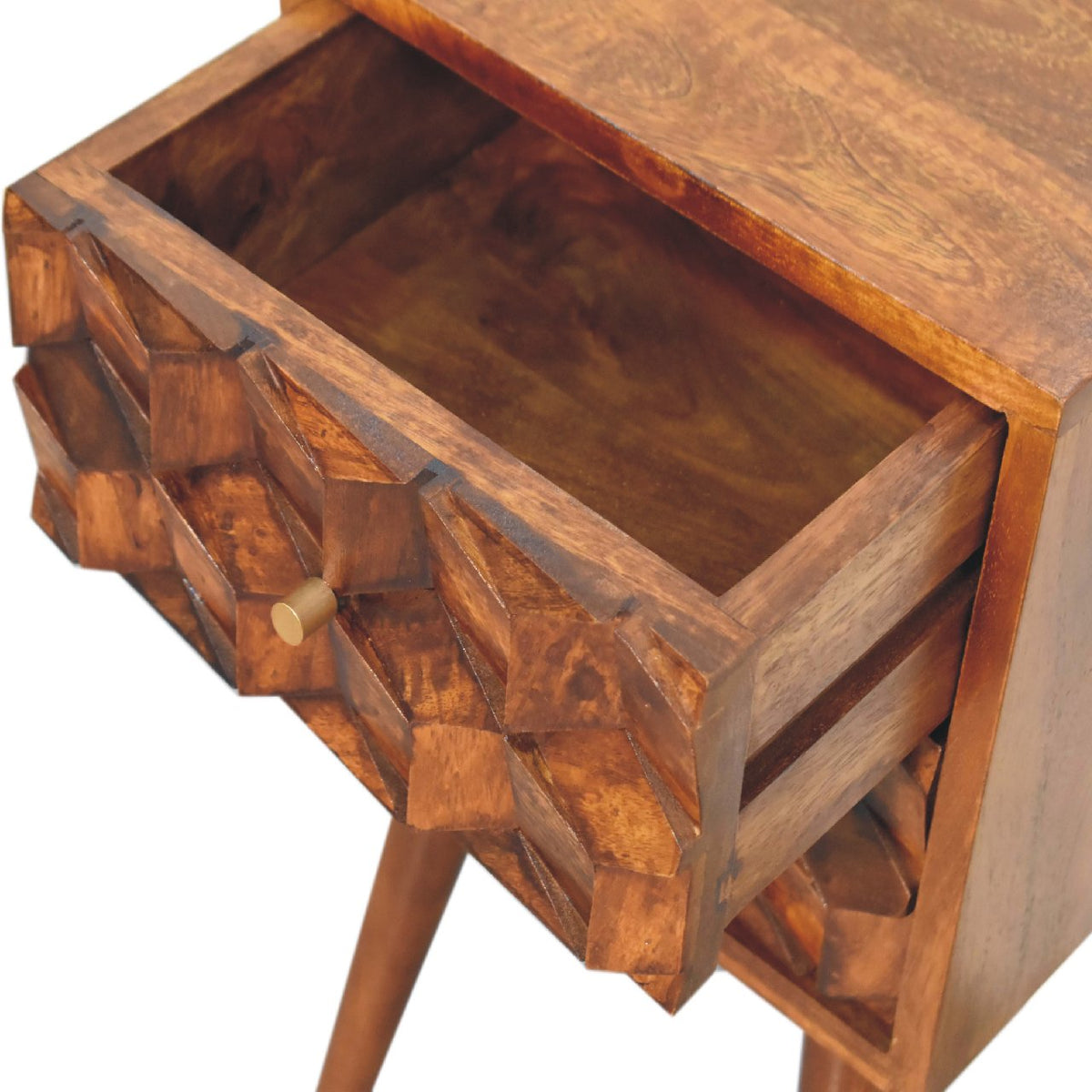 Small Chestnut Cube Carved 2 Drawer Nightstand