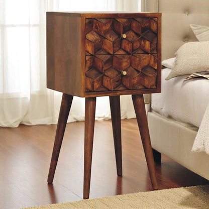 Small Chestnut Cube Carved 2 Drawer Nightstand