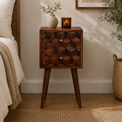 Small Chestnut Cube Carved 2 Drawer Nightstand