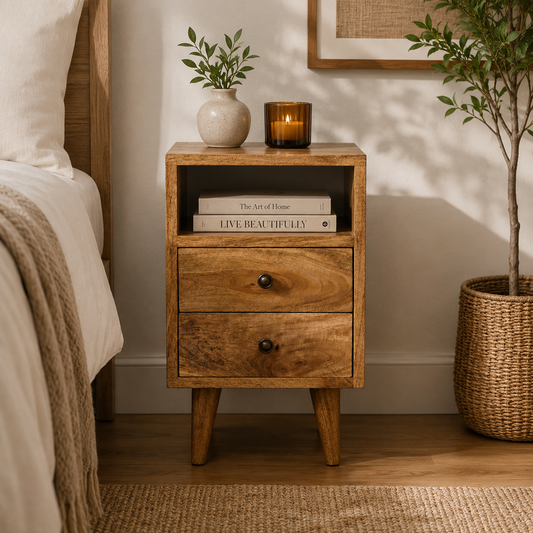 Small Oak Wood Classic 2 Drawer Nightstand
