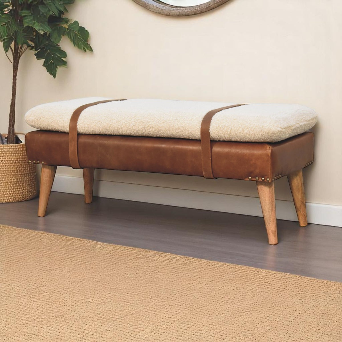 Bouclé Montauk Buffalo Hide Leather Bench