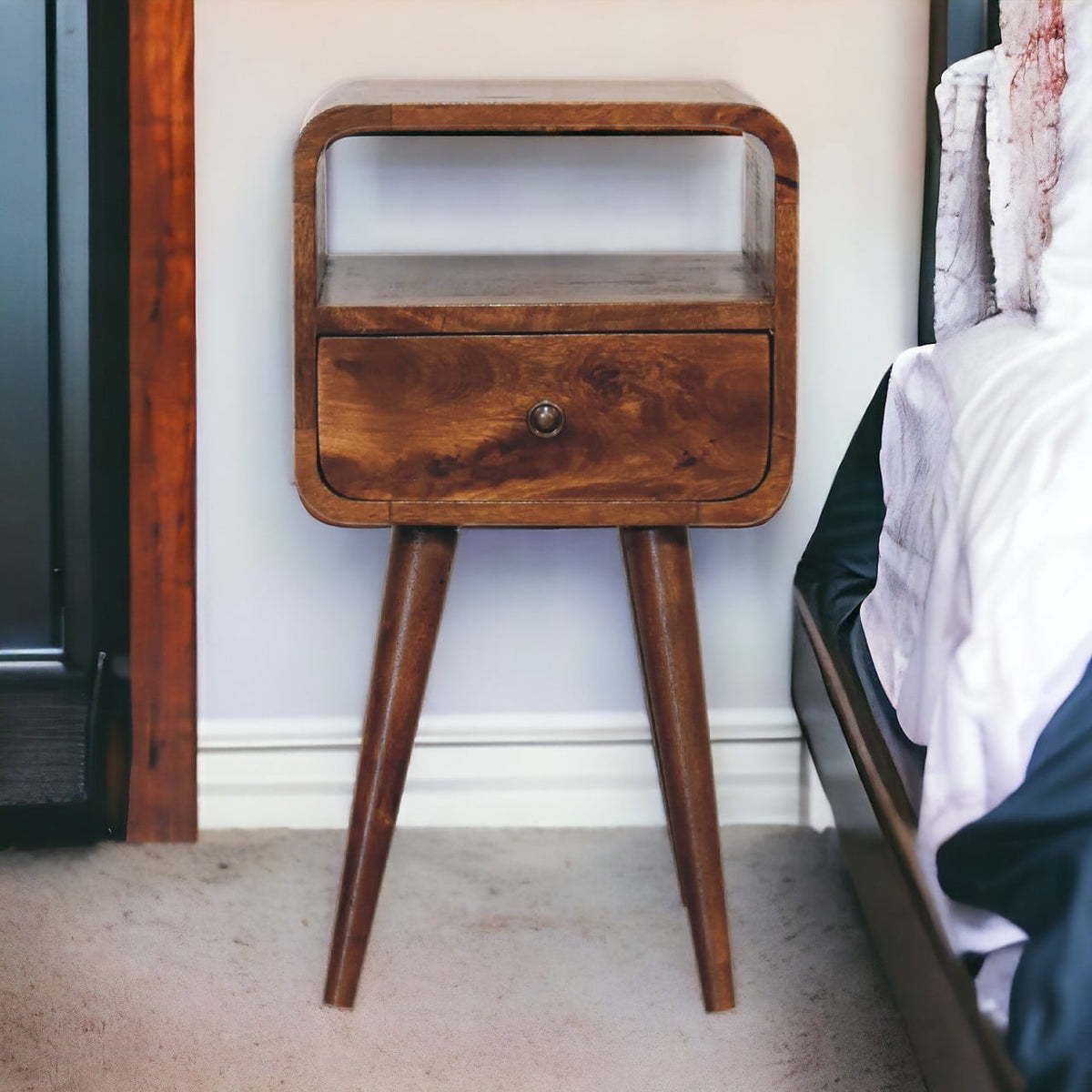 Small Chestnut Curved 1 Drawer Open Nightstand