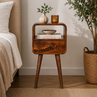 Small Chestnut Curved 1 Drawer Open Nightstand