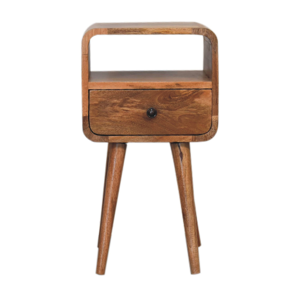 Small Oak Wood Curved Open Shelf Nightstand