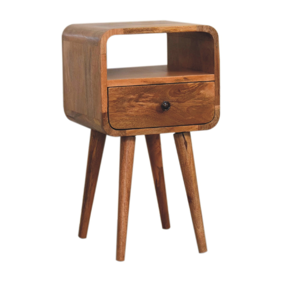 Small Oak Wood Curved Open Shelf Nightstand
