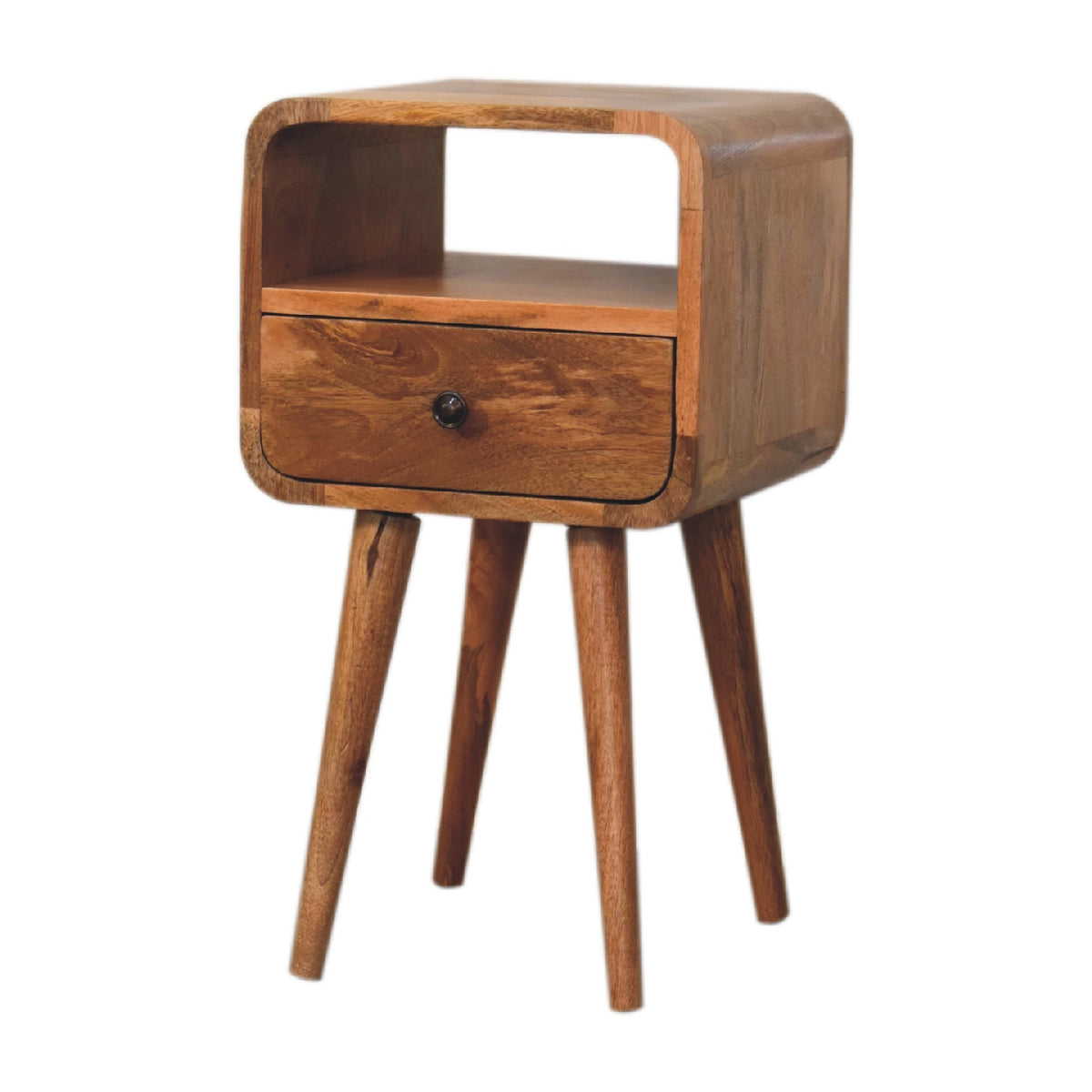 Small Oak Wood Curved Open Shelf Nightstand