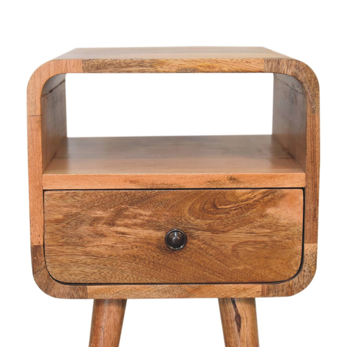 Small Oak Wood Curved Open Shelf Nightstand